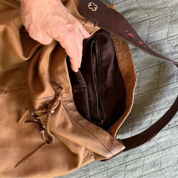 Lucky Brand tan brown leather hobo bag with whipstitch and bead details - Picture 13 of 13